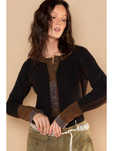 Load image into Gallery viewer, POL Henley Contrast Rib Black Top
