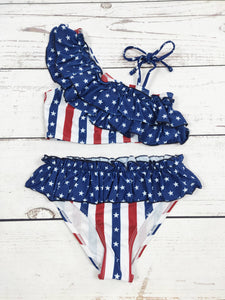 KIDS Ruffles Stars Stripe Girls 4Th Of July Swimwear