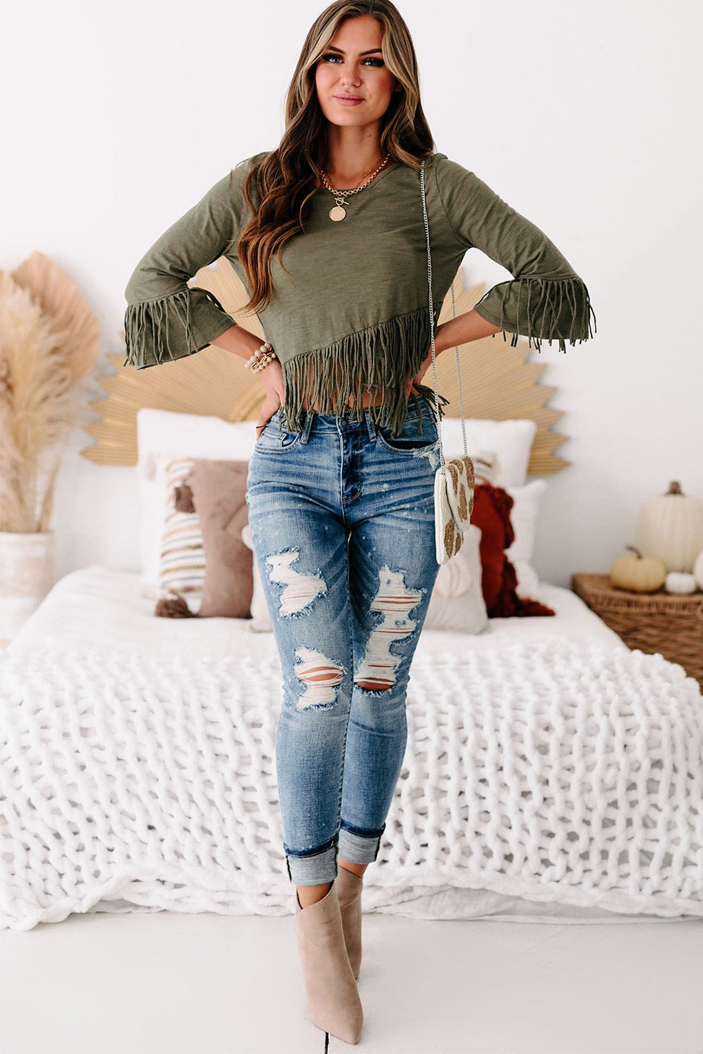 Green cross over fringe top