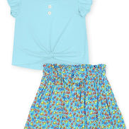 KIDS Two Piece Set- Floral Skirt with Knot Front Top