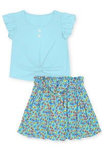 KIDS Two Piece Set- Floral Skirt with Knot Front Top