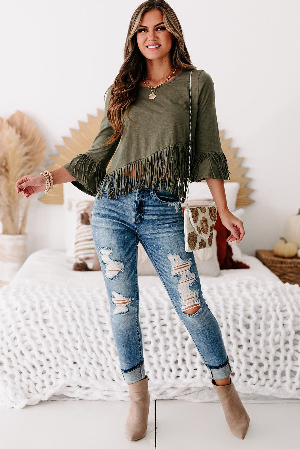 Green cross over fringe top