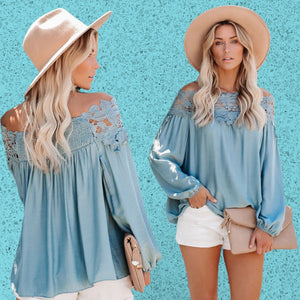 "You Were Meant for Me" Sky Blue Blooming Lace Off Shoulder Top