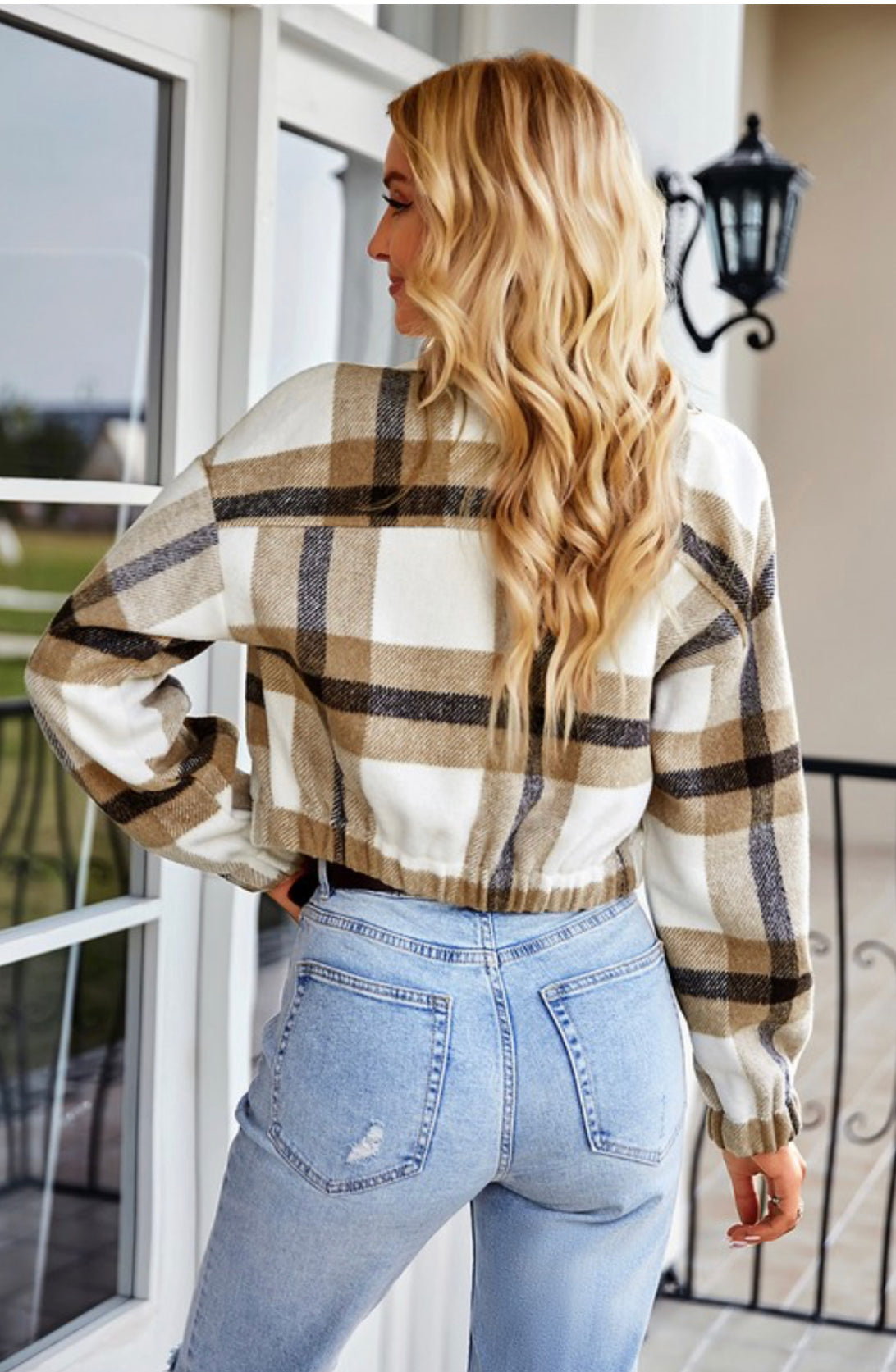 Plaid Cropped Zipper Jacket