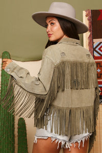 “I Guess I’m in Love” Distressed Wash Jacket with Fringe Detail