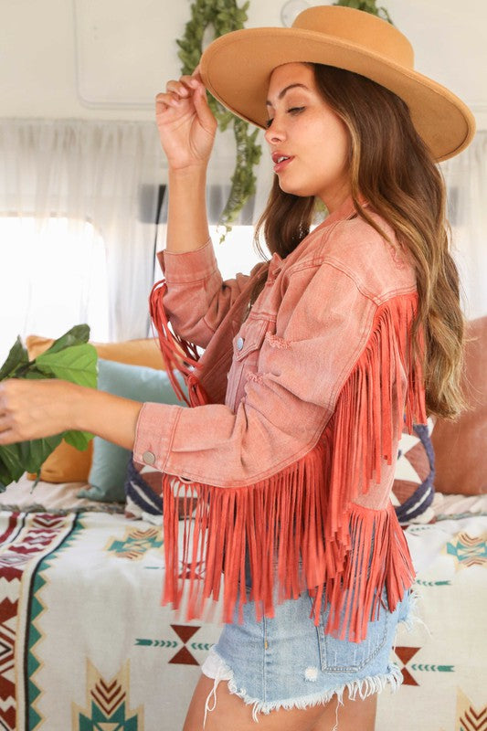 “I Guess I’m in Love” Distressed Wash Jacket with Fringe Detail