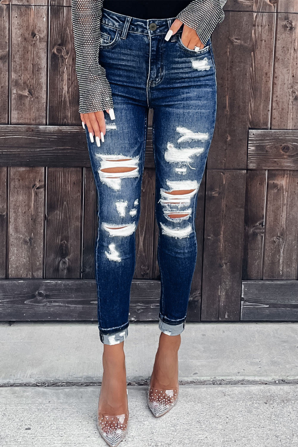 Blue Distressed Skinny Jeans with Slit