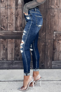 Blue Distressed Skinny Jeans with Slit