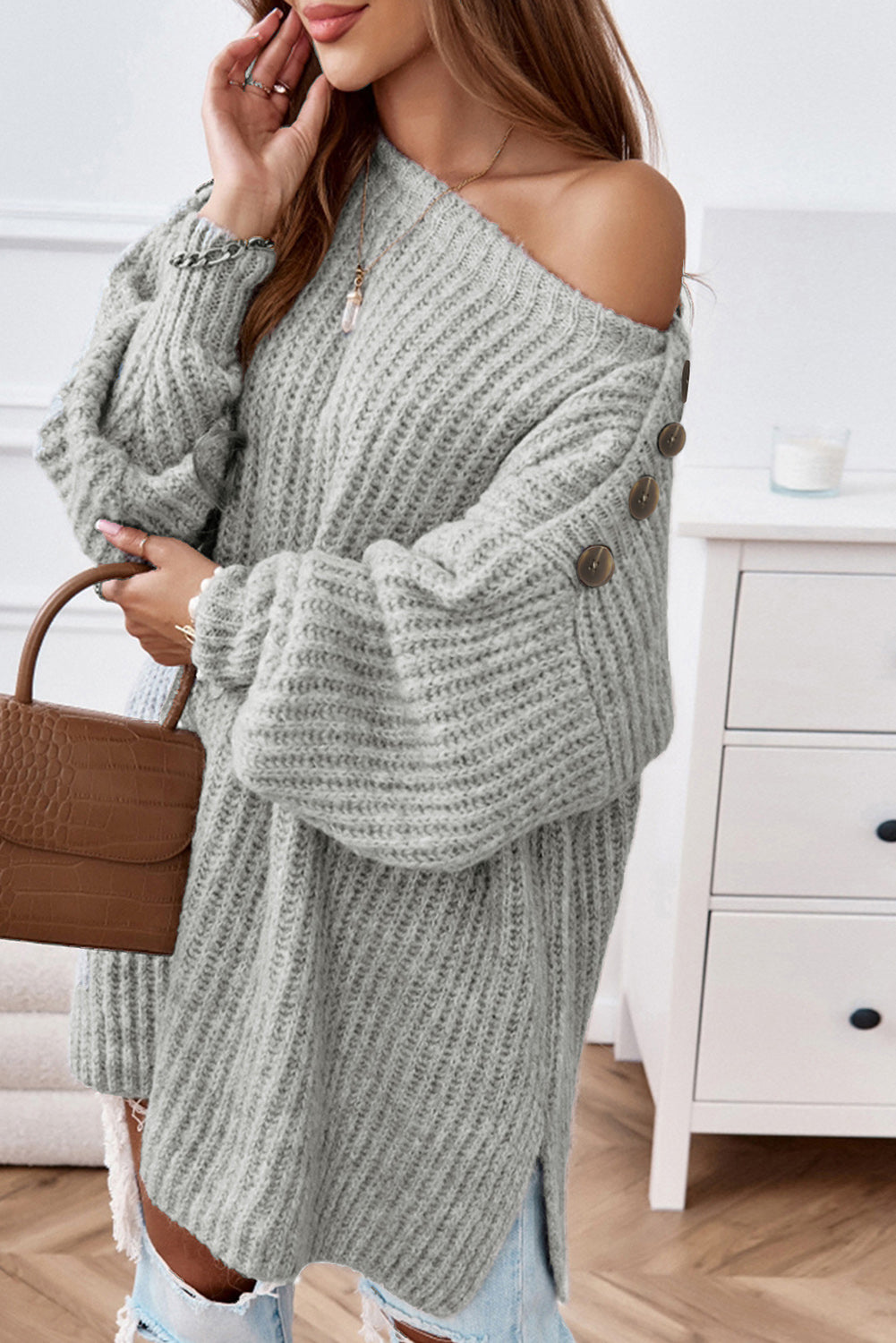 Grey Buttoned Drop Shoulder oversized Sweater