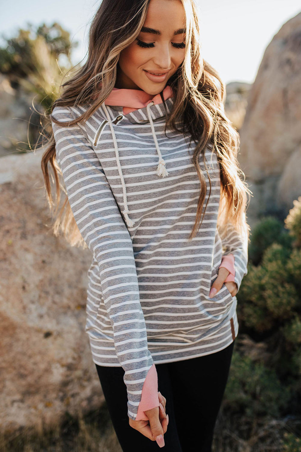 Asymmetrical Zip Striped Hoodie