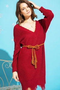 Distressed Chunky Knit V-Neck Sweater Dress