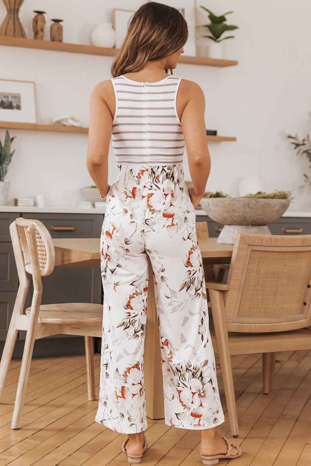 White Floral and Striped Jumpsuit