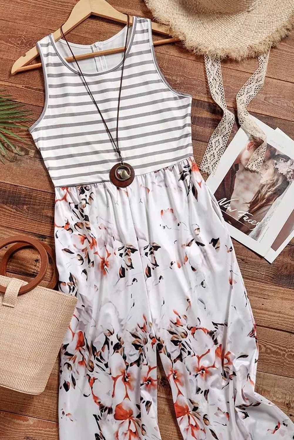 White Floral and Striped Jumpsuit