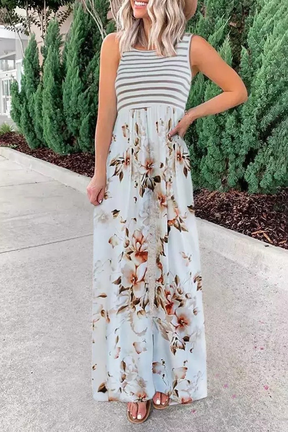 White Floral and Striped Jumpsuit