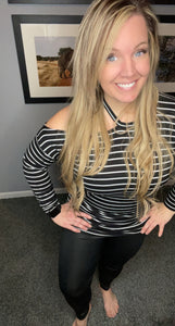 Black and white open shoulder striped top