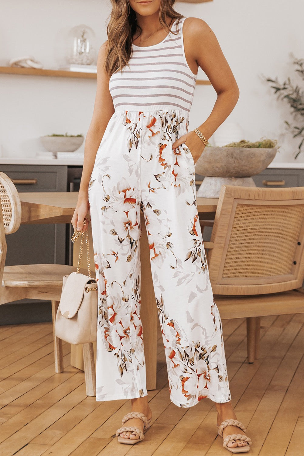White Floral and Striped Jumpsuit