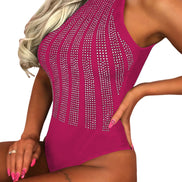 High Neck Sleeveless Bodysuit with Rhinestones PINK