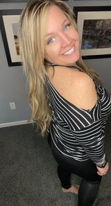 Black and white open shoulder striped top