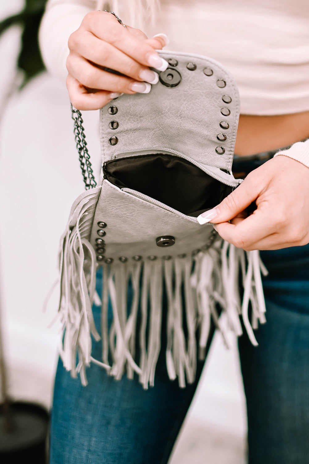 Gray Fringe Purse with Chain Strap
